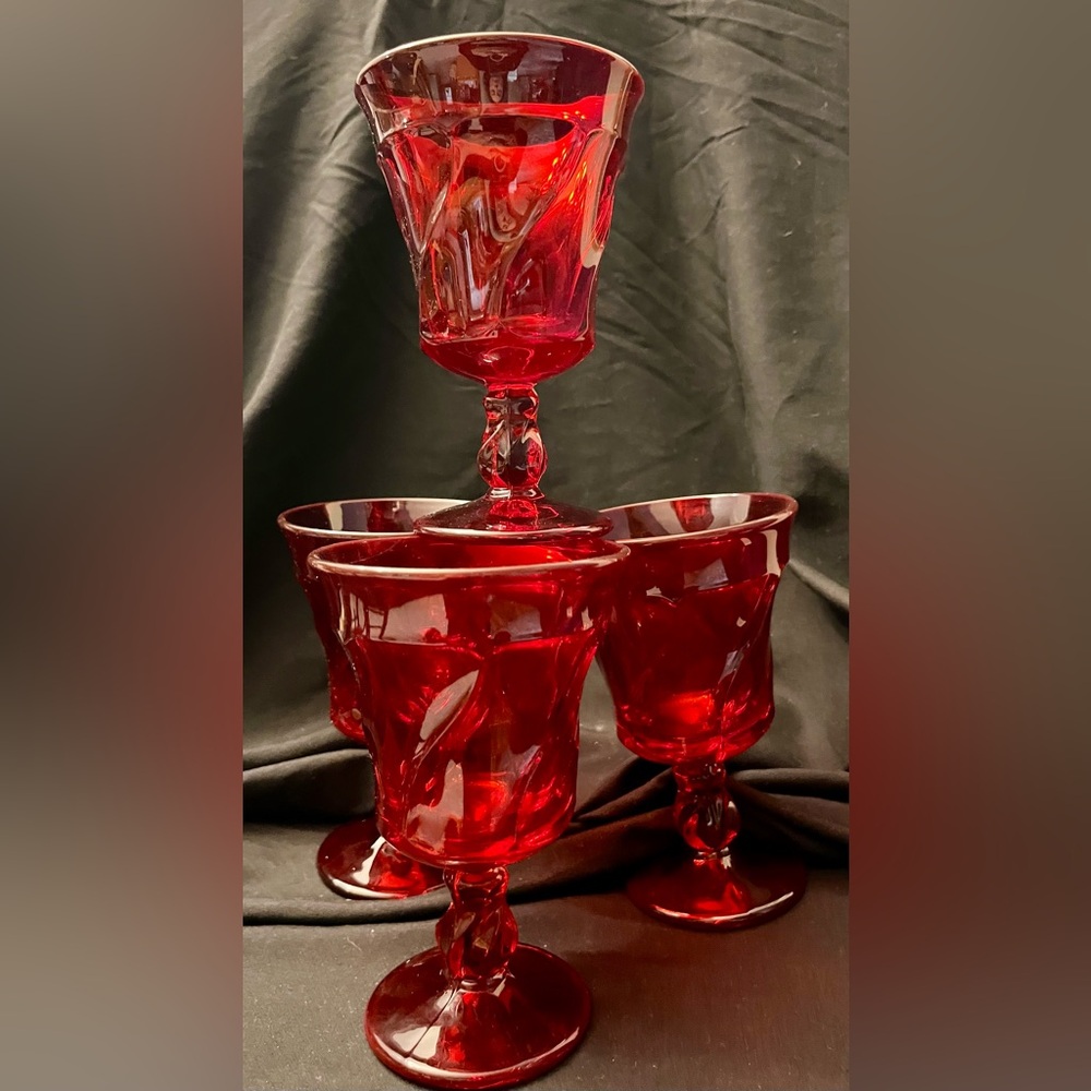Fostoria VTG Christmas Set of 4 Jamestown Ruby Red Goblets Pedestal Pristine MCM